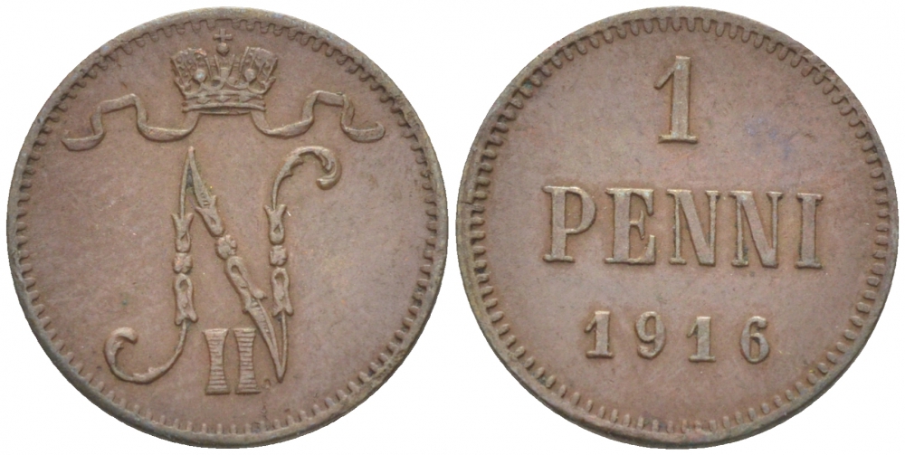 РОССИЯ ДЛЯ ФИНЛЯНДИИ 1 ПЕННИ 1916 НИКОЛАЙ II (1895-1917) KM 13, Биткин 476 медь 211-1037