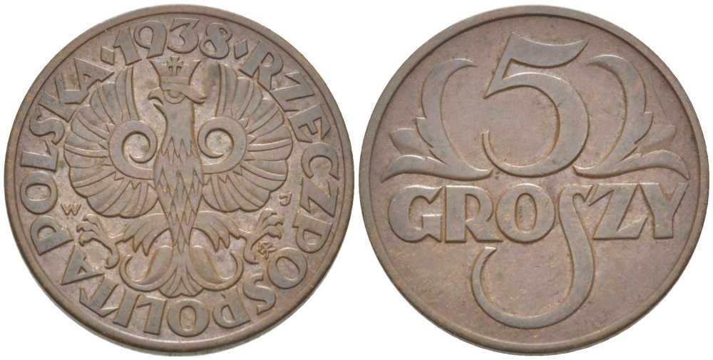 ПОЛЬША 5 ГРОШЕЙ 1938 w KM 10а бронза 112-1123