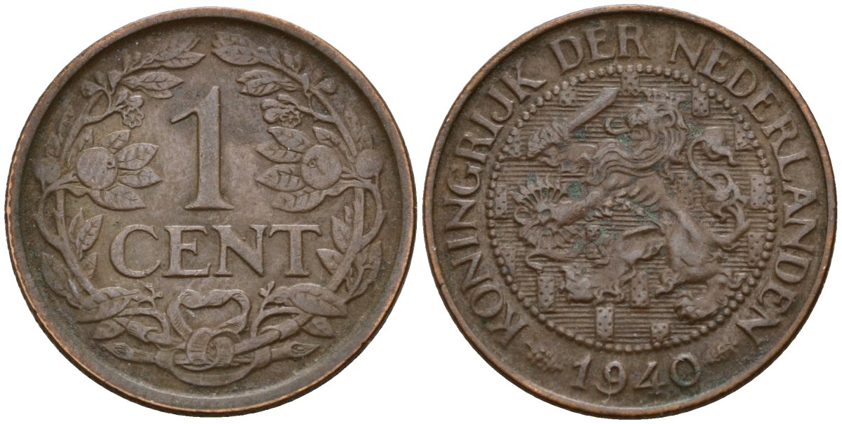Нидерланды 1 цент 1940 Вильгельмина (1890-1948) KM 152 бронза 4169-1251