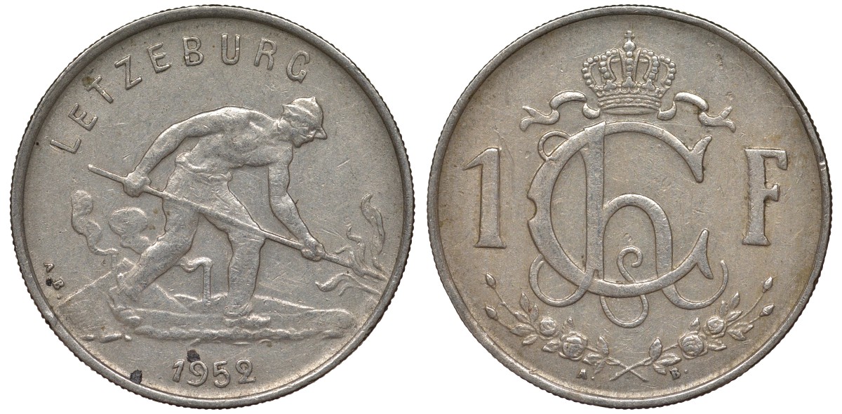 Люксембург 1 франк 1952 сталевар KM 46.2 медно-никель 4163-213