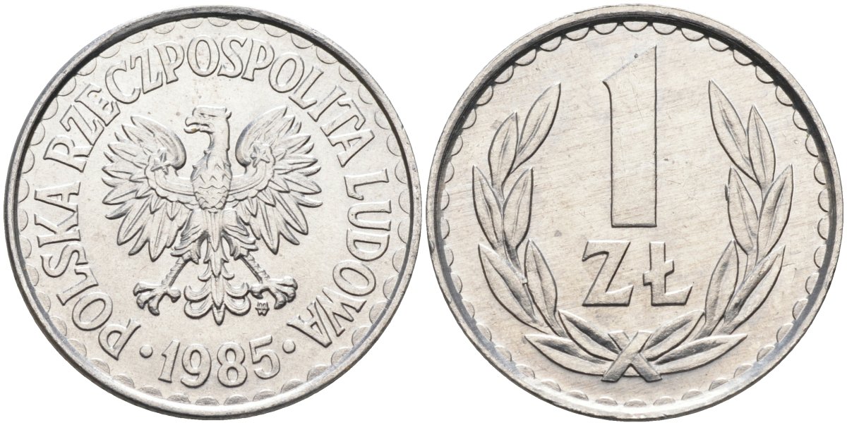 Польша 1 злотый 1985 MW, Народная Республика KM 49.1, Parchimowicz 213x алюминий UNC 4364-2035