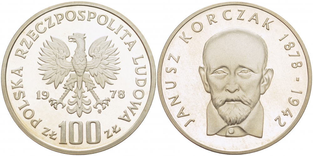 Польша 100 злотых 1978 MW, 100 лет со дня рождения Януша Корчака (1878-1942) KM 94 серебро PROOF 1082-1-33