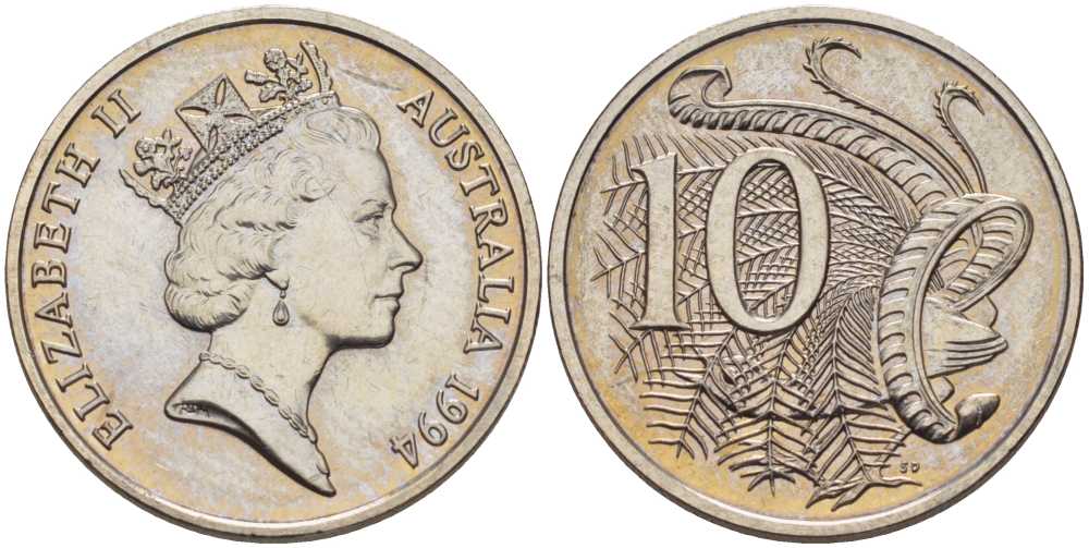 Австралия 10 центов 1994 Елизавета II (1952-), ПТИЦА ЛИРАХВОСТ KM 81 медно-никель UNC 4395-837