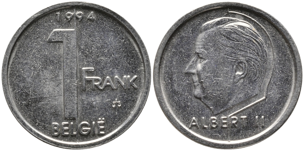 БЕЛЬГИЯ 1 ФРАНК 1994 BELGIE, АЛЬБЕРТ II (1993-) KM 188 железо плакированное никелем 99-1246