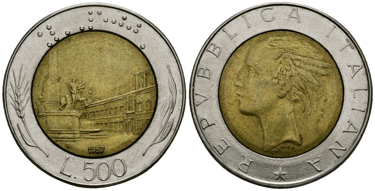 Италия 500 лир 1987 R, Квиринальский дворец в Риме KM 111 биметалл 4138-637