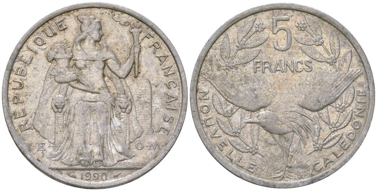 Французская Новая Каледония 5 франков 1990 птица кагу, (IEOM) KM 16, Schoen 12, Lec 78 алюминий 180-1115