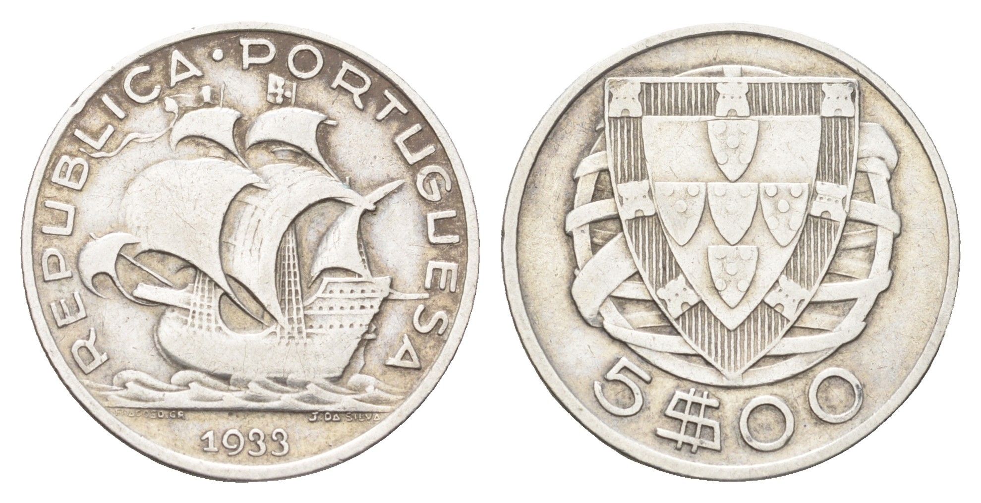 Португалия 5 эскудо 1933 KM 581 серебро 4660-953