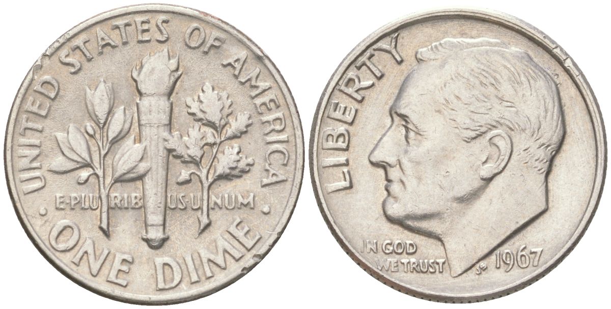 США 10 центов (дайм) 1967 Рузвельт KM 195a медь плакированная медно-никелем 4613-822