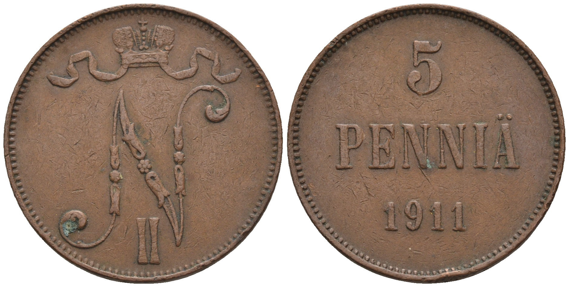 Россия для Финляндии 5 пенни 1911 Николай II (1894-1917) KM 15, Биткин 451 медь 85-1134