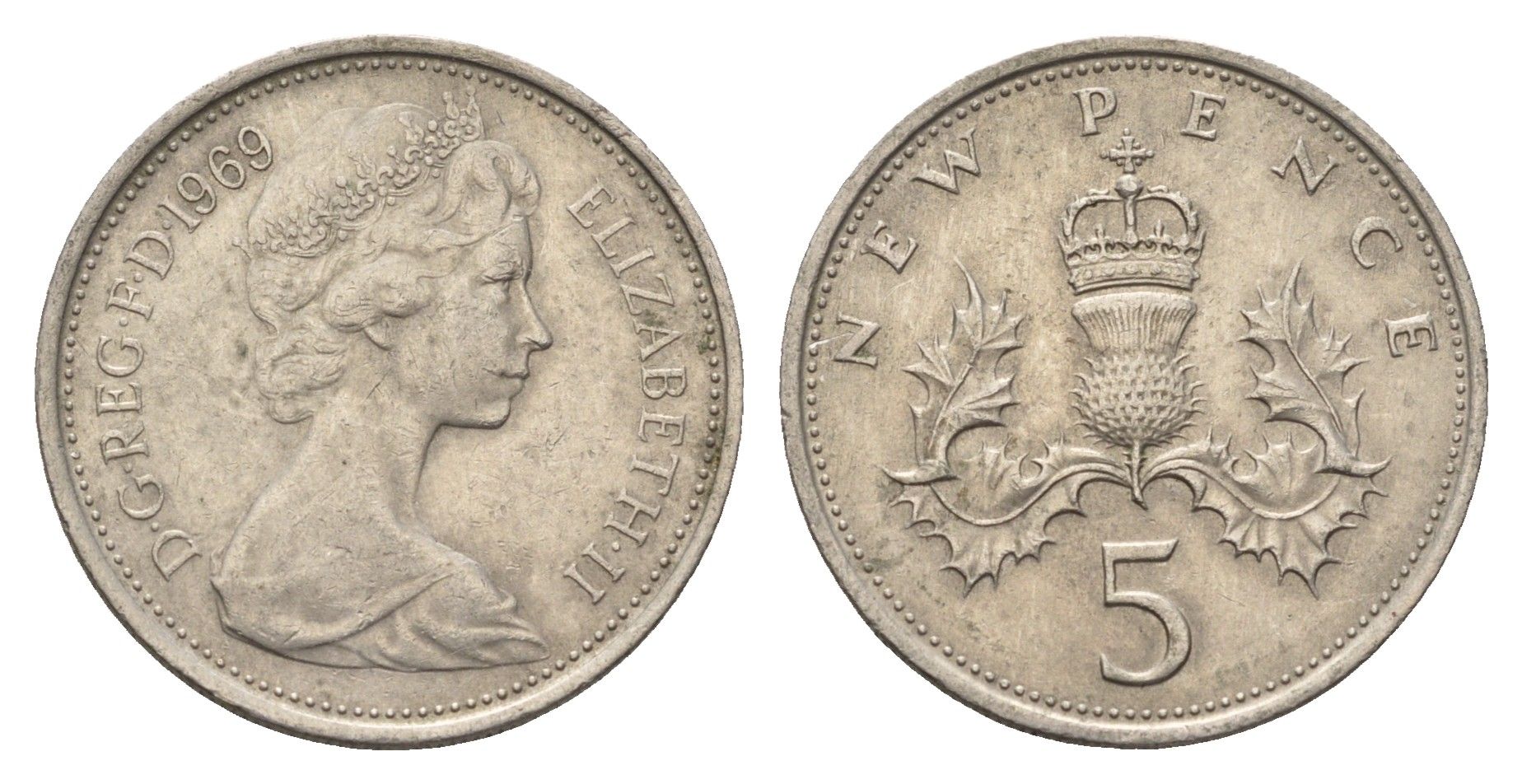 Великобритания 5 пенсов 1969 Елизавета II (1952-2022) KM 911, Spink 4233 (D1) медно-никель 4635-116