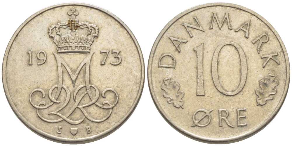 ДАНИЯ 10 ЭРЕ 1973 S; B, МАРГРЕТЕ II (1972-) KM 860.1 медно-никель 116-237