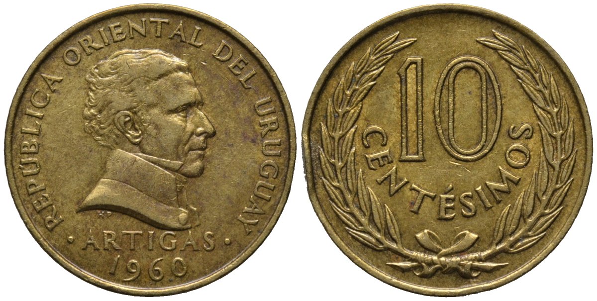 Уругвай 10 сентесимо 1960 ARTIGAS KM 39 никель латунь 4577-637