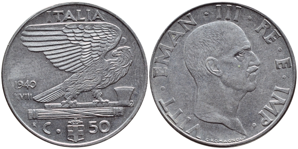 ИТАЛИЯ 50 ЧЕНТЕЗИМО 1940 R, ВИКТОР ИМАНУИЛ, XVIII ГОД KM 76b сталь 4398-1044