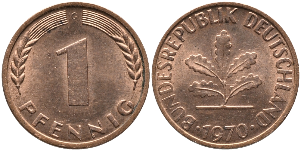ФРГ 1 пфеннига 1970 G KM 105, J. 380 сталь плакированная медью UNC 99-1257