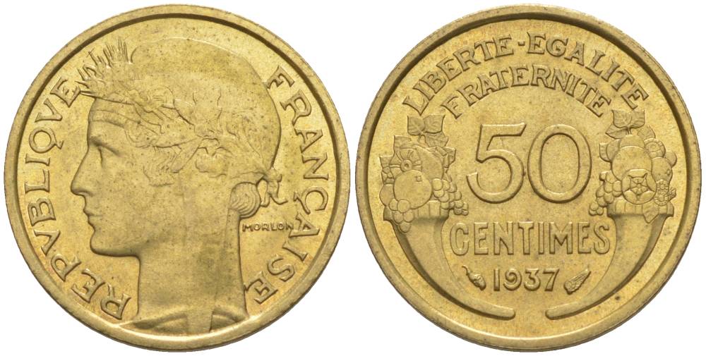 ФРАНЦИЯ 50 САНТИМОВ 1937 ТИП MORLON KM 894.1, LE FRANC 192.13 алюминиевая бронза 44-746