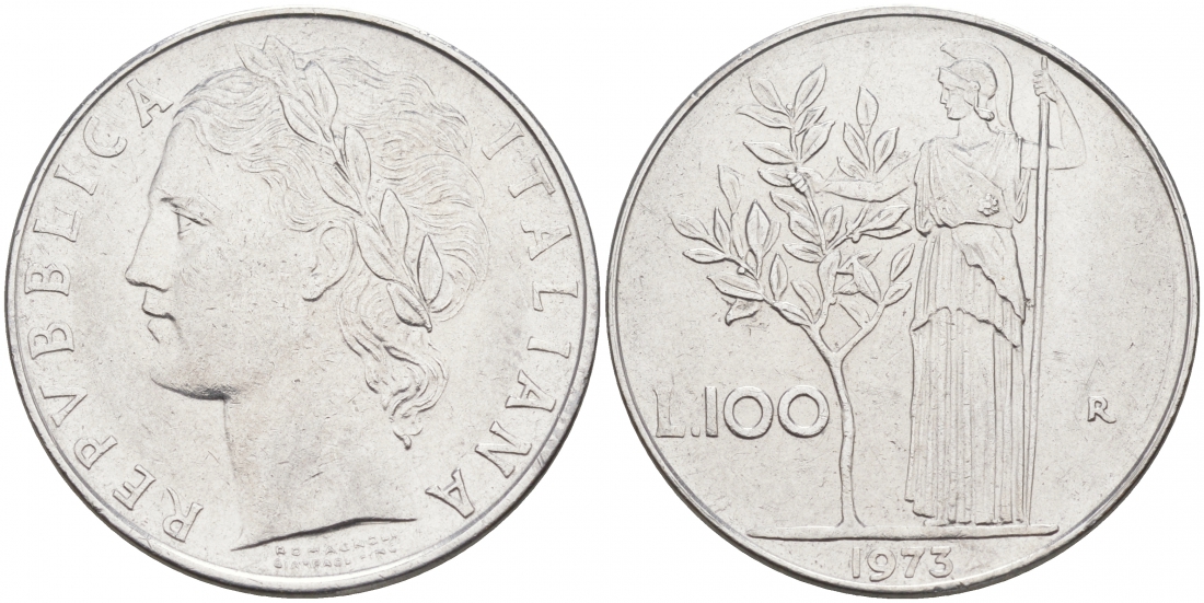 ИТАЛИЯ 100 ЛИР 1973 R АФИНА KM 96.1 сталь 3855-814