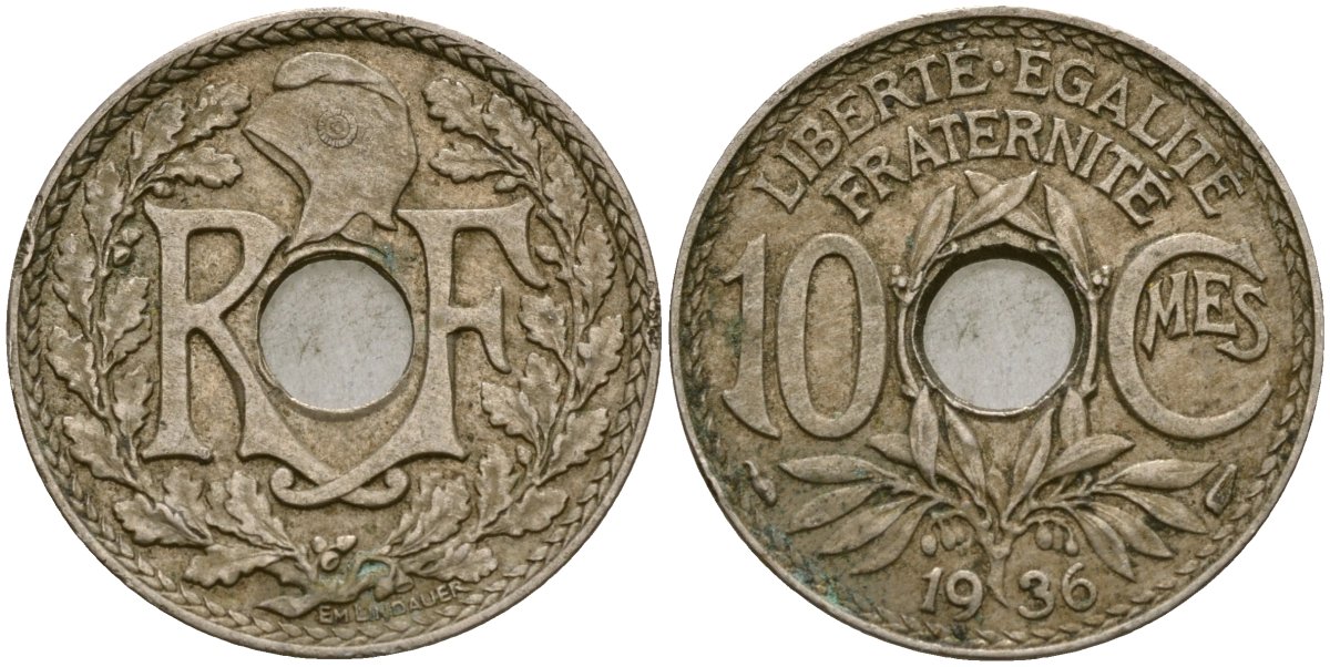 Франция 10 сантимов 1936 KM 866a медно-никель 51-2754