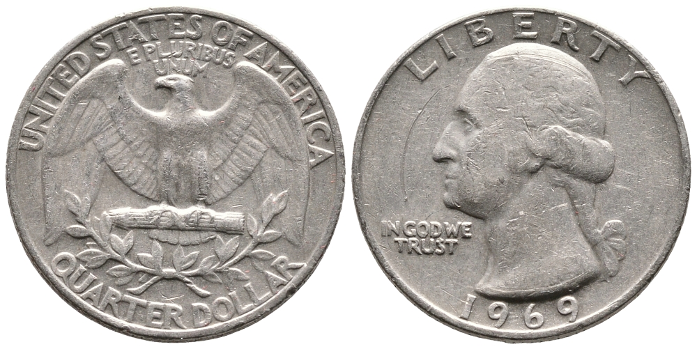 США 25 центов (квотер) 1969 Вашингтон KM 164а медь плакированная медно-никелем 4364-512
