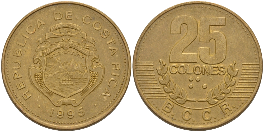 КОСТА-РИКА 25 КОЛОН 1995 KM 229 сталь плакированная латунью 67-1015