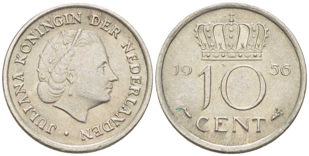 НИДЕРЛАНДЫ 10 ЦЕНТОВ 1956 ЮЛИАНА (1948-1980) KM 182 никель 214-1145