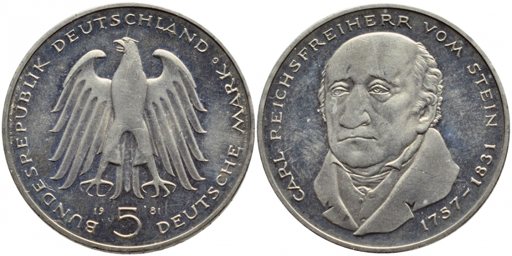 ФРГ 5 марок 1981 G, 150 лет со дня смерти Карла фон Штейна KM 155, J. 430 медно-никель плакированный никелем UNC 1520-1341