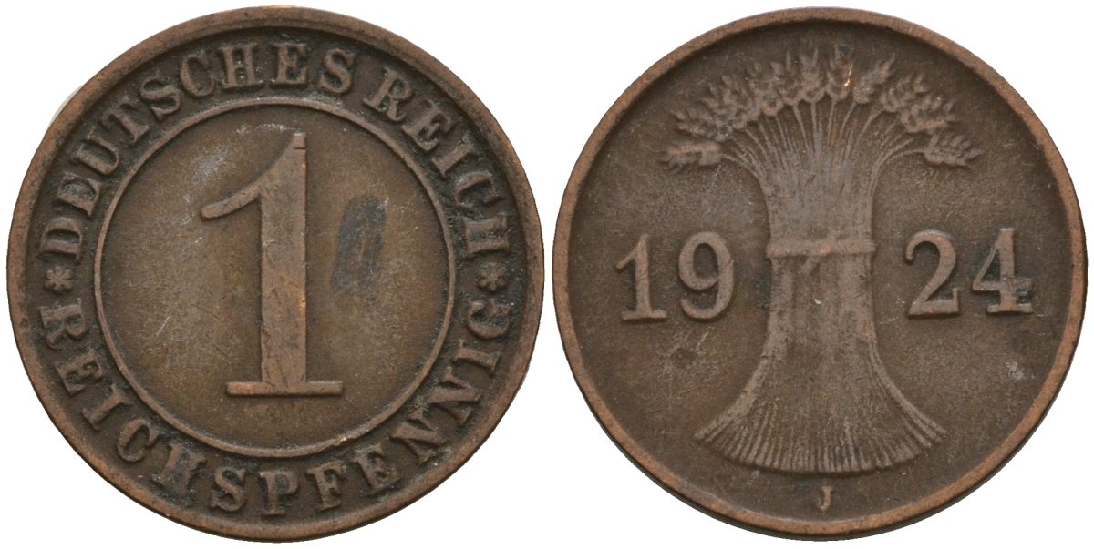 Германия 1 рейхспфенниг 1924 J KM 37, J. 313 бронза 4516-343
