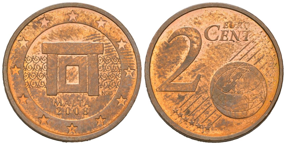 Мальта 2 евроцента 2008 F KM 126 сталь плакированная медью 4548-315