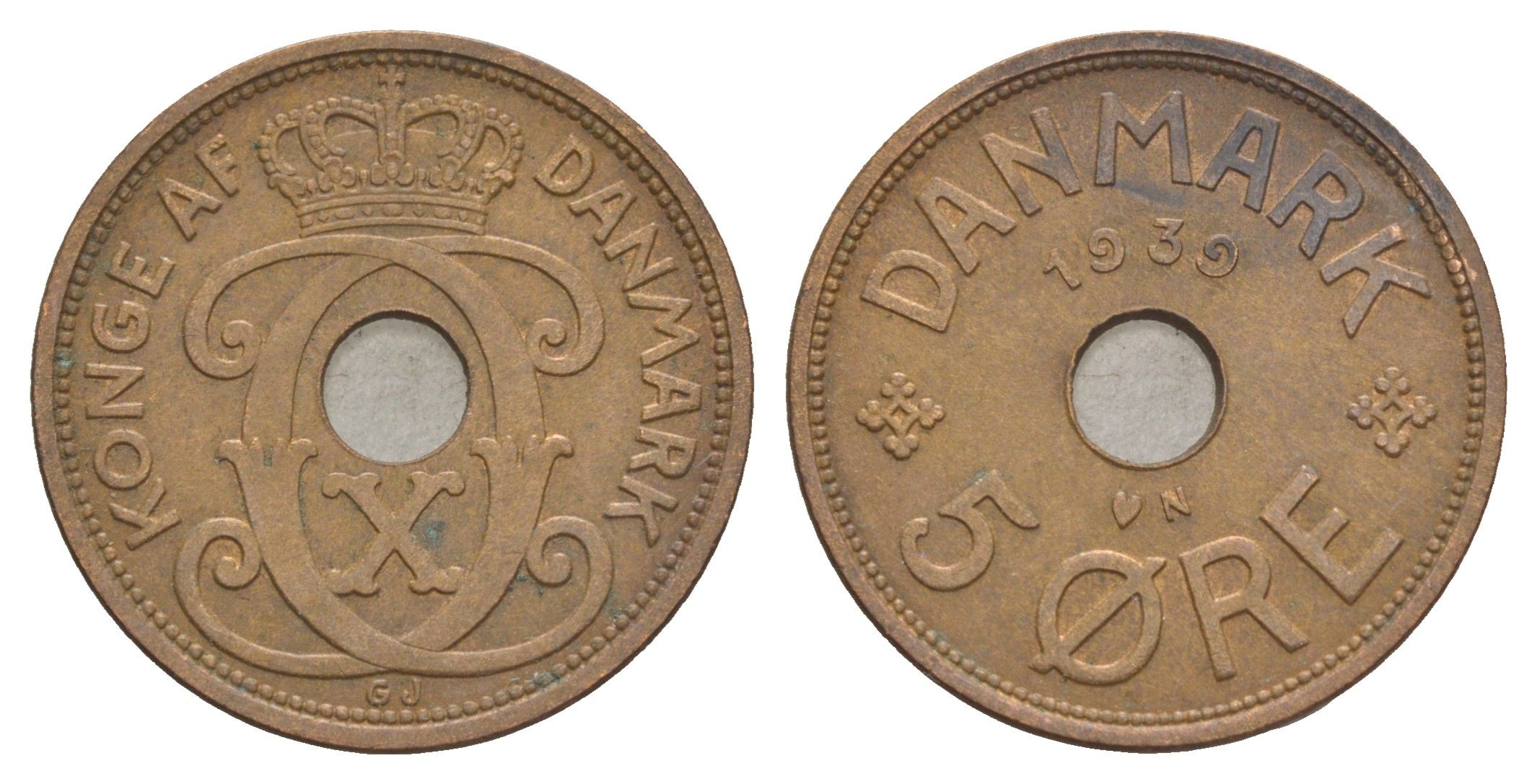 Дания 5 эре 1939 N, Кристиан X (1912-1947) KM 828 бронза 4638-631