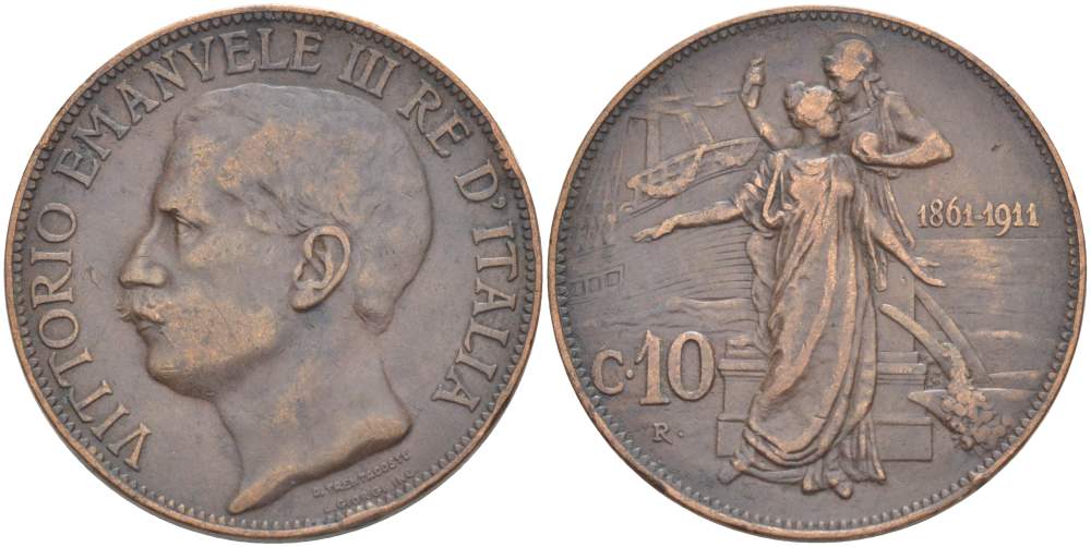 Италия 10 чентезимо 1911 50 лет Королевству Италия (1861-1911) KM 51 медь 4526-1034