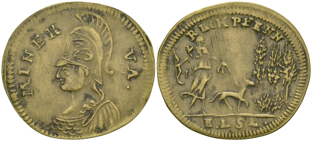 ГЕРМАНИЯ ТОКЕН, ЖЕТОН ND MINERVA, БОГИНЯ МУДРОСТИ, СЦЕНА ОХОТЫ С СОБАКОЙ НА ПОВОДКЕ желтый металл 99-1028