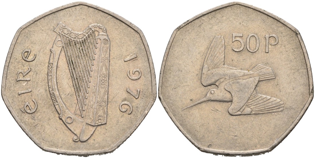 Ирландия 50 пенсов 1976 вальдшнеп KM 24 медно-никель 88-634