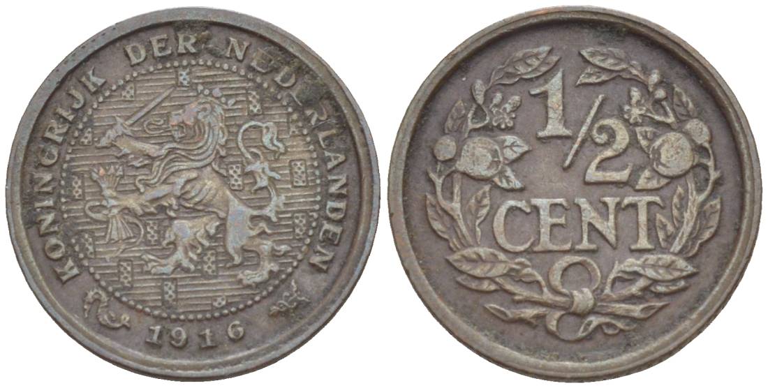 НИДЕРЛАНДЫ 1/2 ЦЕНТА 1916 ВИЛЬГЕЛЬМИНА I (1891-1948) KM 138 бронза 4547-1244