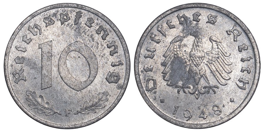 ГЕРМАНИЯ 10 РЕЙХСПФЕННИГОВ 1948 F, ОККУПАЦИЯ ГЕРМАНИИ СОЮЗНЫМИ ВОЙСКАМИ KM A 104 цинк aUNC 02-264-57