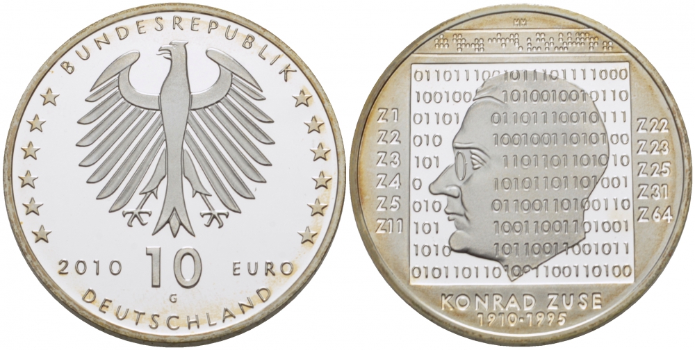 ФРГ 10 евро 2010 G, 100 лет со дня рождения Конрада Цузе KM 289, DE.S. 10.46 серебро PROOF 11-098-34