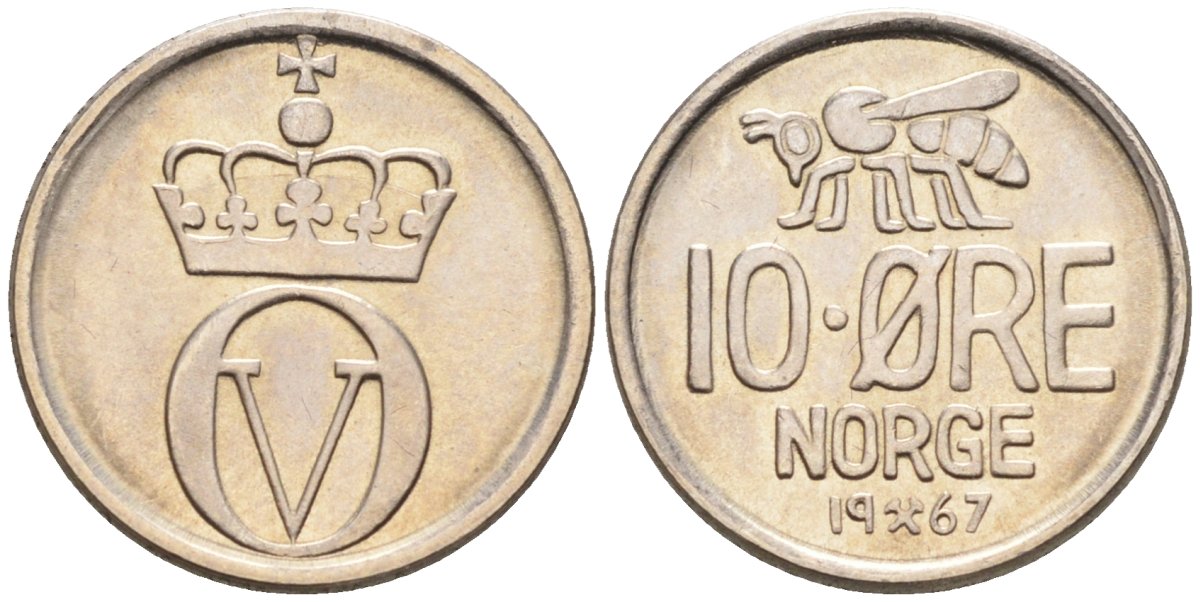 Норвегия 10 эре 1967 пчела, Улаф V (1958-1991) KM 411 медно-никель UNC 4580-963