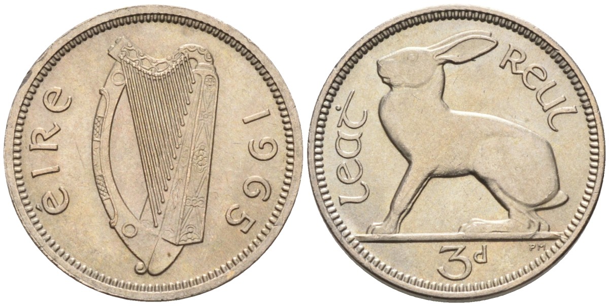 Ирландия 3 пенса 1965 заяц KM 12а медно-никель UNC 4580-931