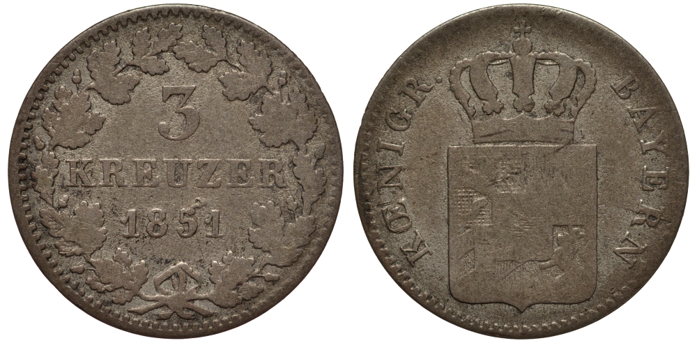 Бавария 3 крейцера 1851 Максимилиан II (1848-1864) KM 453 серебро 1517-634