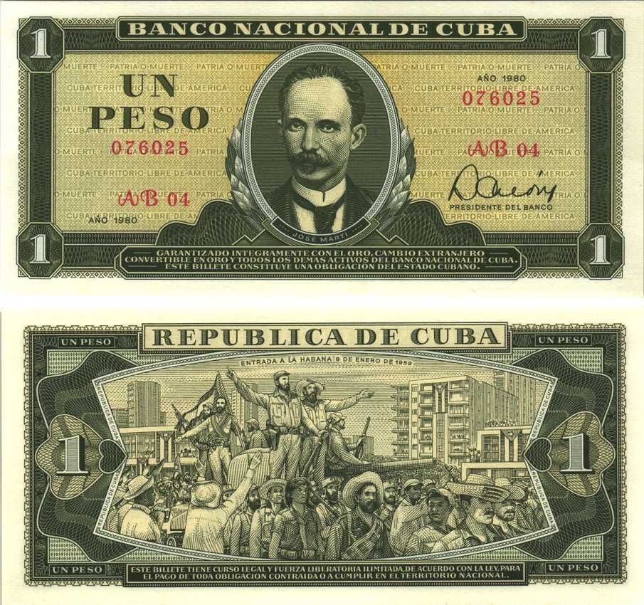 Куба 1 песо 1980 Хосе Марти, Фидель Кастро с повстанческими войсками входит в Гавану в 1959 году Pick 102b  бумага  аUNC 7191-20-1-1Pick 102b бумага аUNC 7191-20-1-1