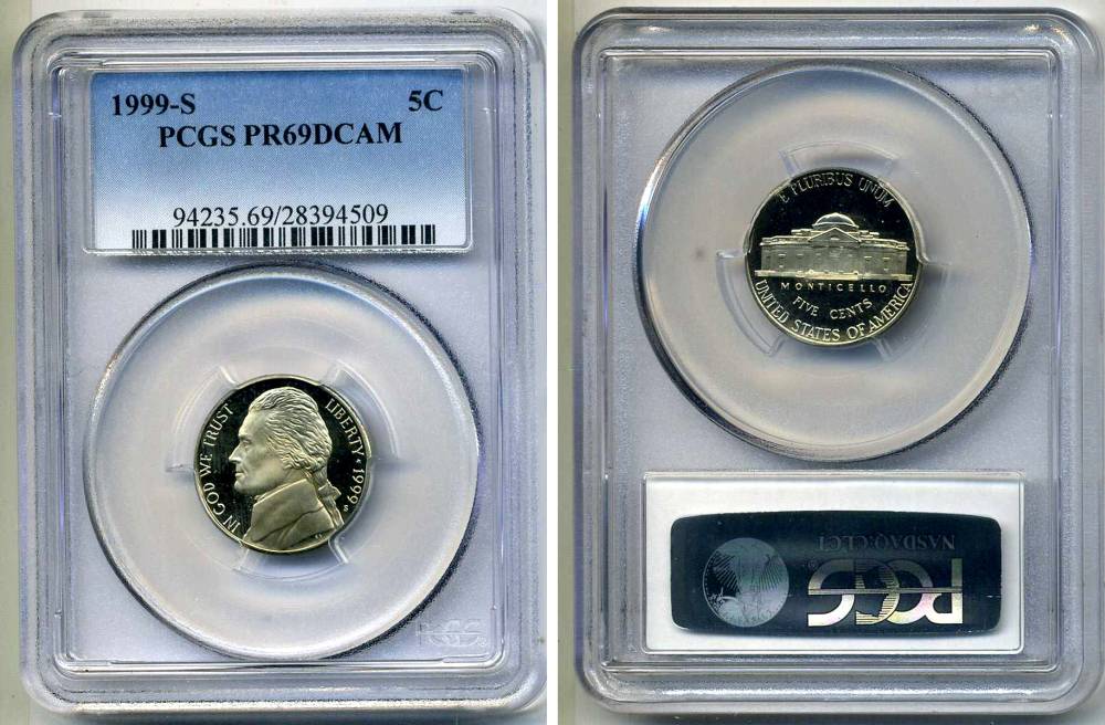 США 5 центов 1999 S, президент Джеферсон, в слабе PCGS PR69CAM KM А192 медно-никель PROOF 15-003-19