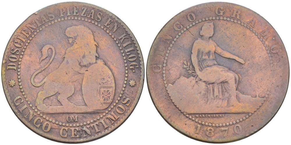 Испания 5 сентимо 1870 ОМ, лев со щитом KM 662 (Y53) медь 4521-1023