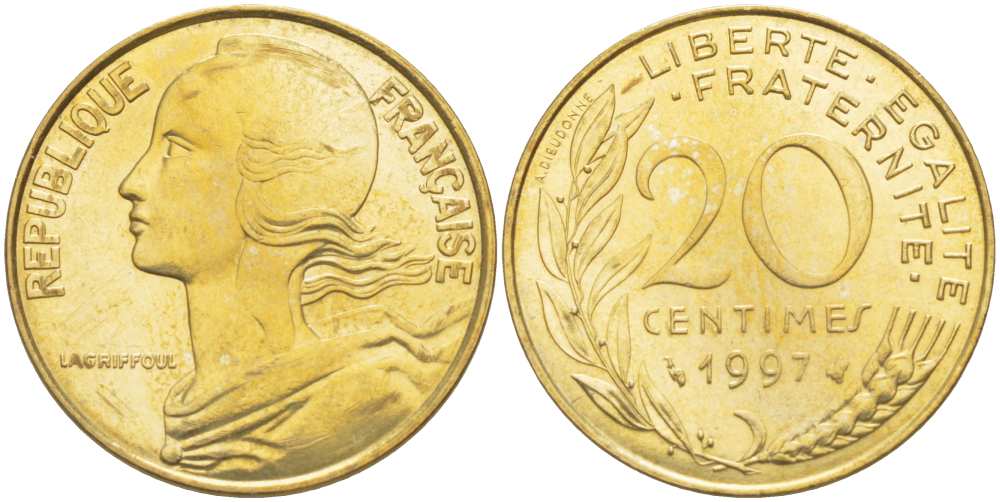 ФРАНЦИЯ 20 САНТИМОВ 1997 ТИП MARIANNE KM 930, LE FRANC 156.41 алюминиевая бронза 217-236