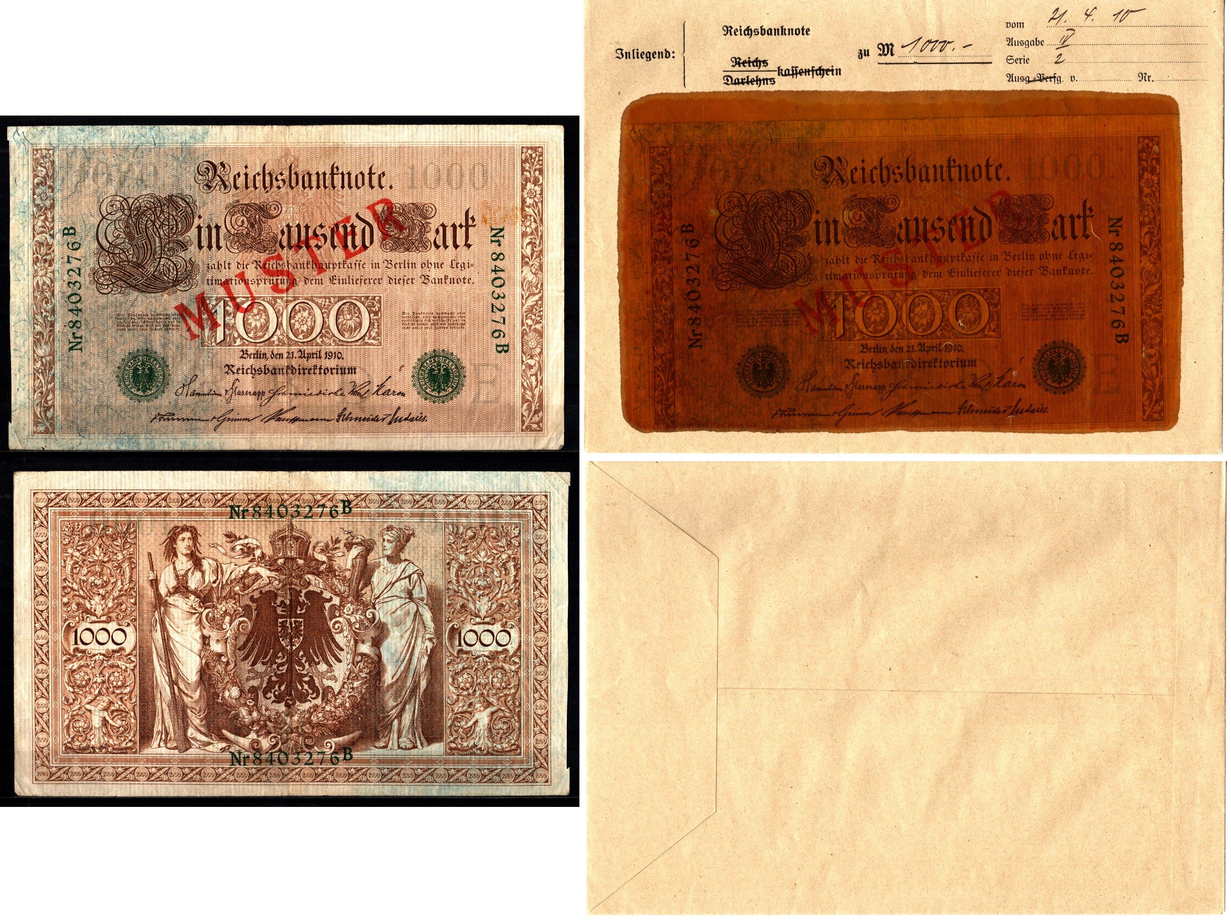 Германия 1000 марок 1910 зеленая печать, 21 апреля, MUSTER, образец, Specimen. В оригинальном банковском конверте. Из коллекции Отто Сейфферта (помощник Ялмара Шахта - министра экономики Германии и президента Рейхсбанка времен третьего рейха) Pick 45 s, G