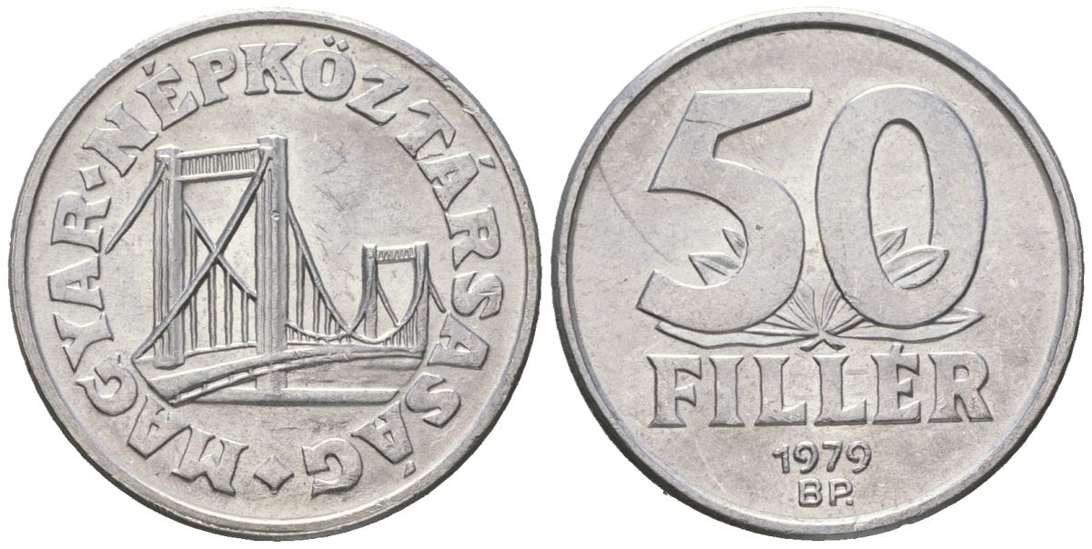 Венгрия 50 филлеров 1979 BP, мост Елизаветы в Будапеште KM 574 алюминий UNC 4618-811