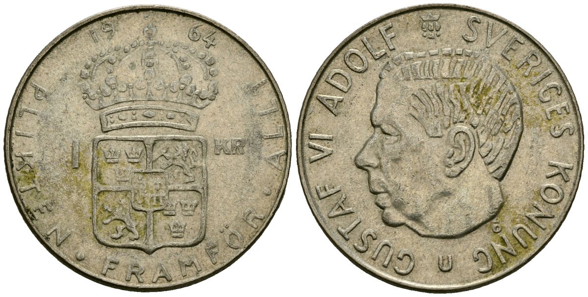Швеция 1 крона 1964 U, Густав VI Адольф (1950-1973) KM 826 серебро 4177-1016