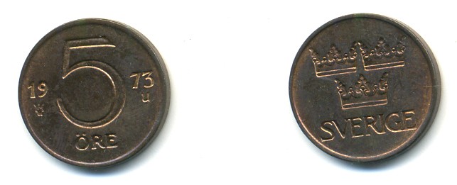 Швеция 5 эре 1973 U, Густав VI Адольф (1950-1973) KM 845 бронза 4379-644