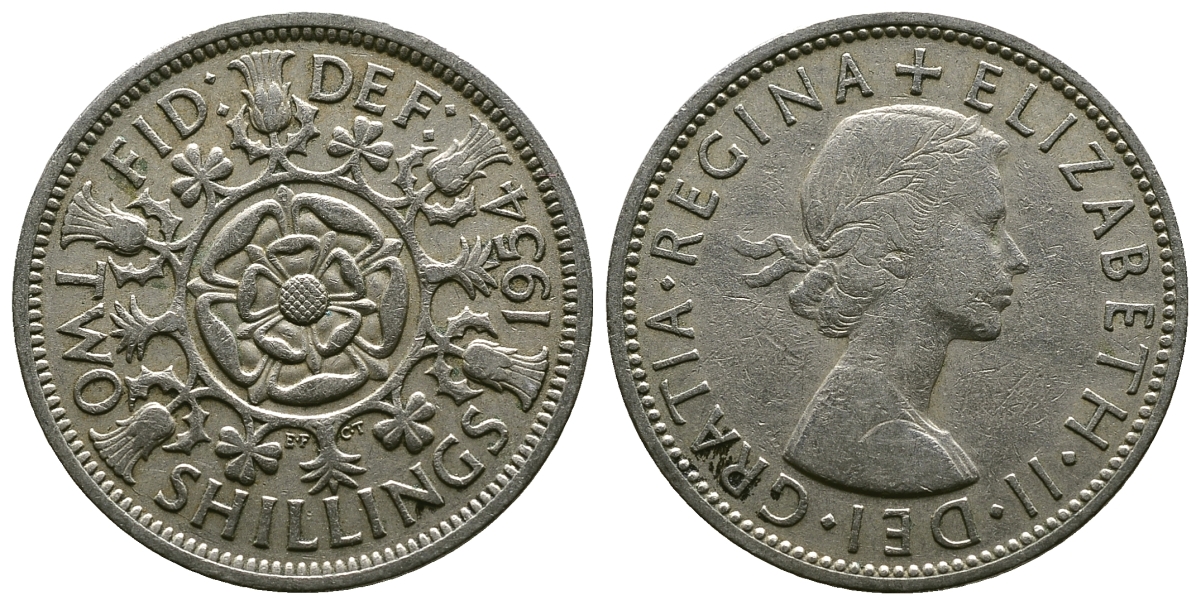 Великобритания 2 шиллинга (флорин) 1954 Елизавета II (1952-2022) KM 906, Spink 4146 медно-никель 4607-841
