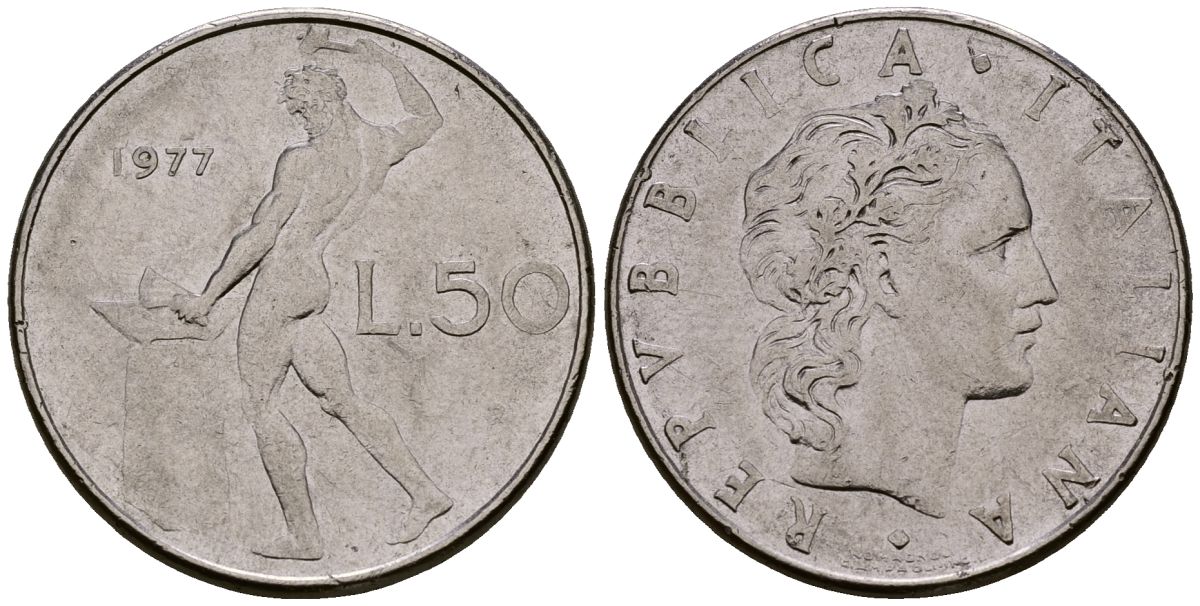 Италия 50 лир 1977 KM 95.1 нержавеющая сталь 4176-243