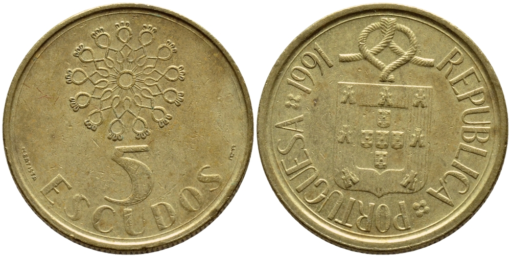 Португалия 5 эскудо 1991 KM 632 никель латунь 4395-932
