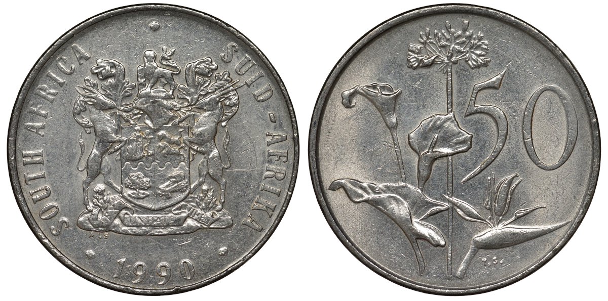 ЮАР 50 центов 1990 Зантедеския Эллиота (калла), герб KM 87 никель 4131-241
