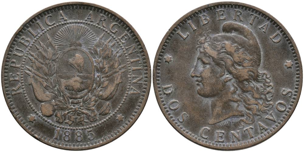 Аргентина 2 сентаво 1885 голова свободы влево KM 8 бронза 4531-532